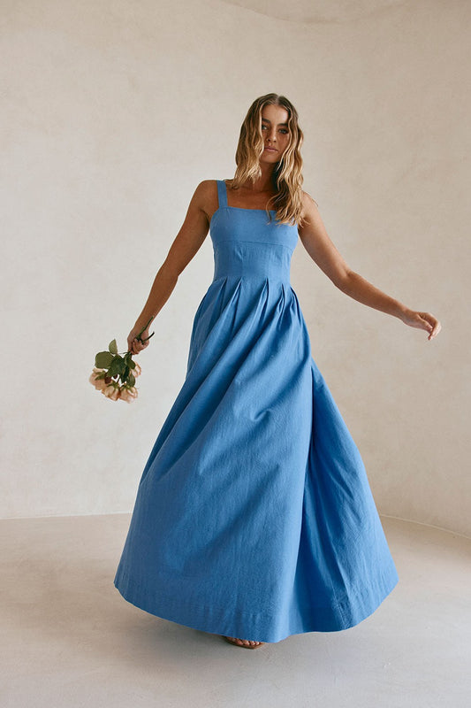 Blue maxi dress, front view