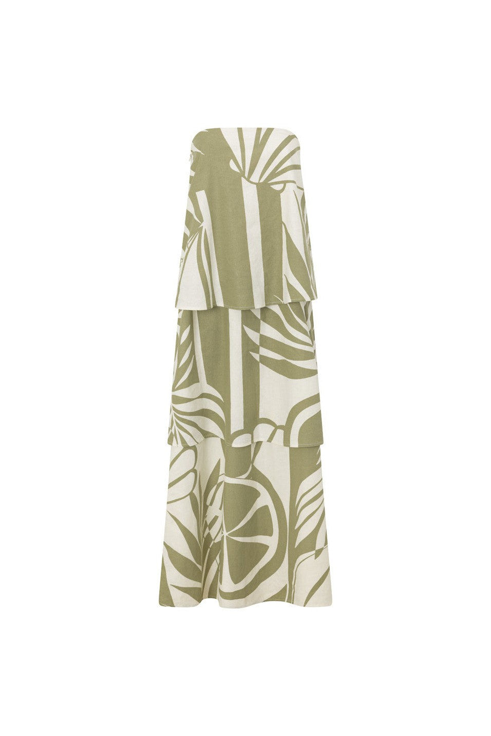 Green maxi dress with a strapless neckline, styled on model