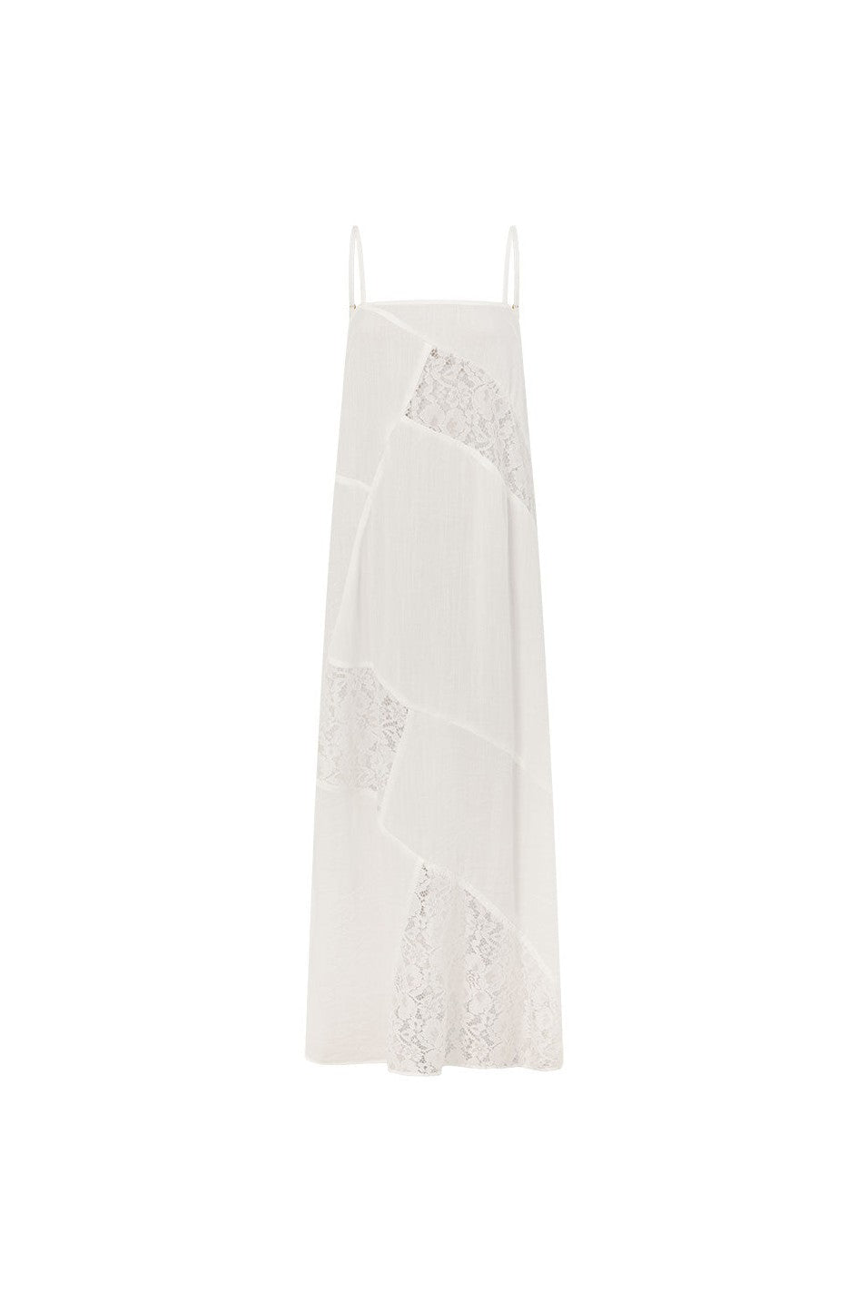 White maxi dress with lace trim, back view