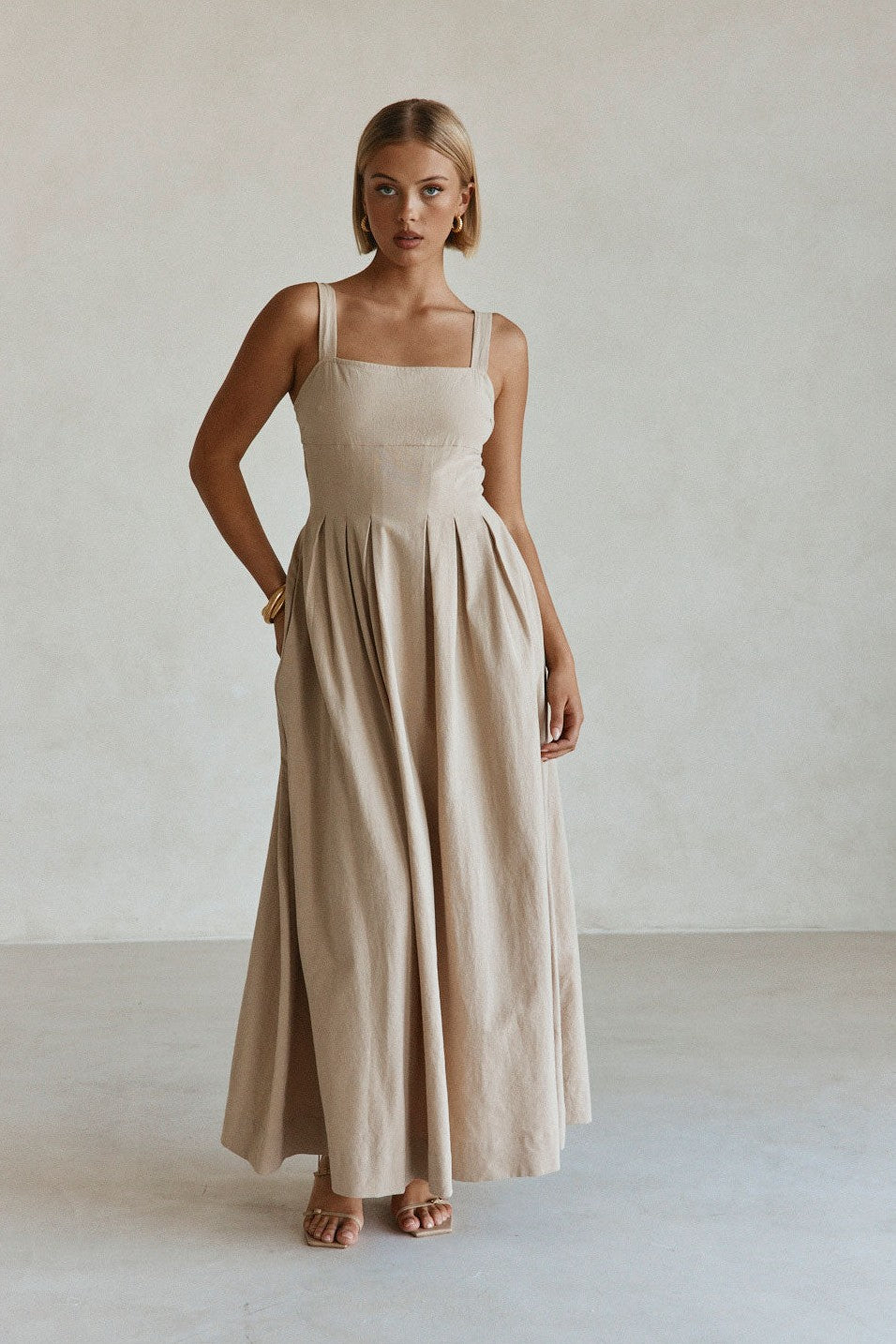 Tan maxi dress, side view