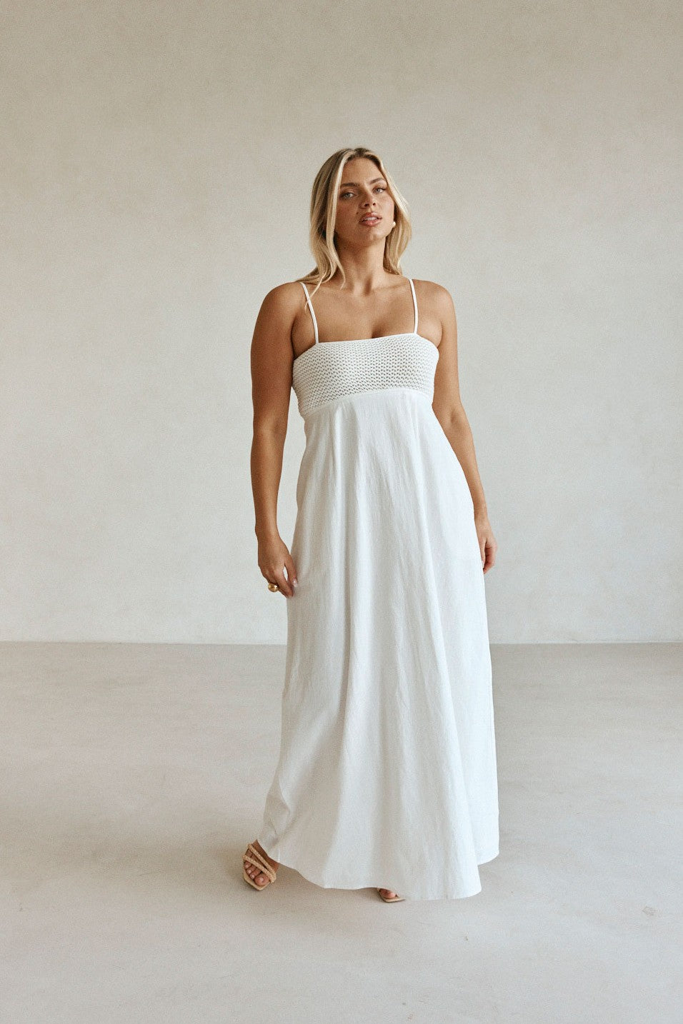 White maxi dress, side view