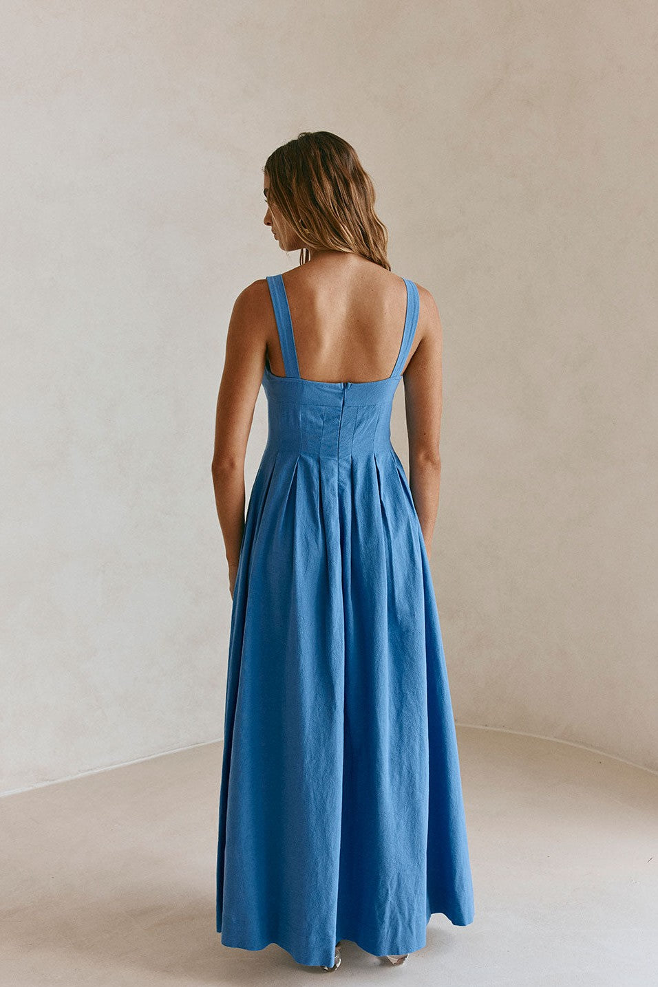 Blue maxi dress, styled on model
