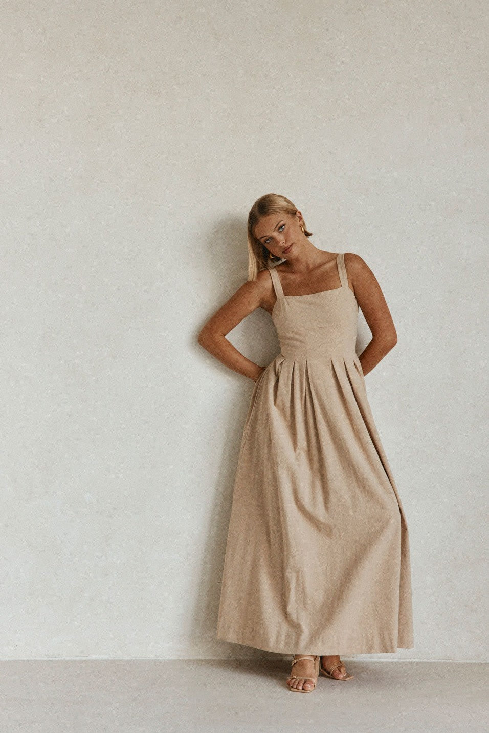 Tan maxi dress, front view