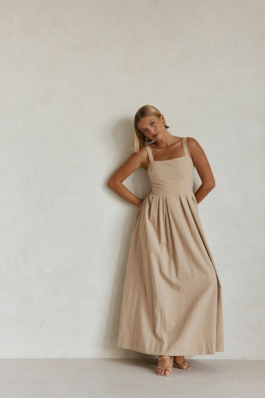 Tan maxi dress, front view