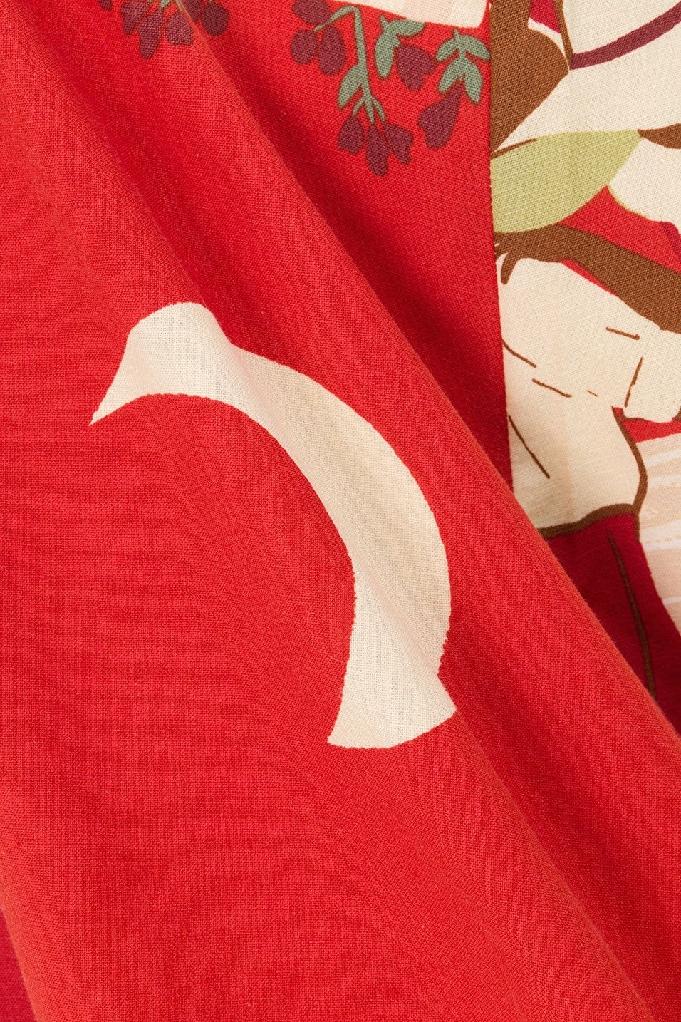 Red maxi dress with a V neckline, detail view