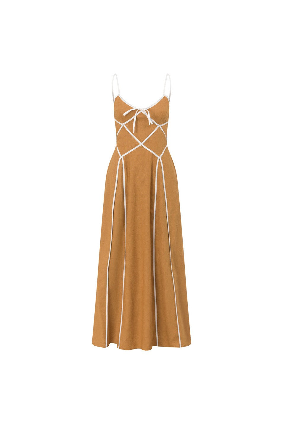 Tan maxi dress with an open back, back view