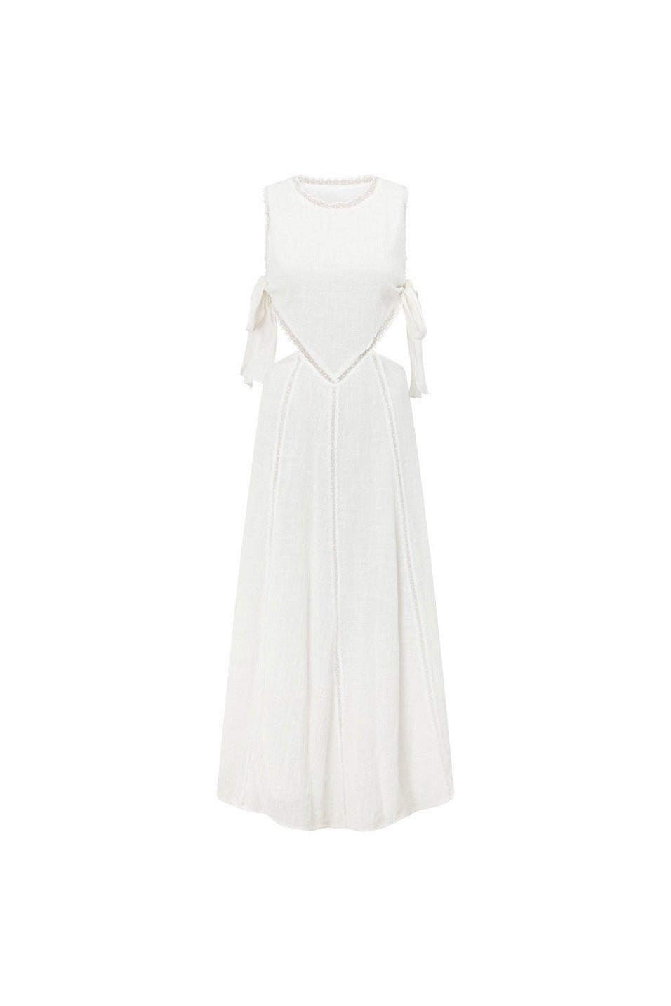 White maxi dress with an A-line skirt, side view