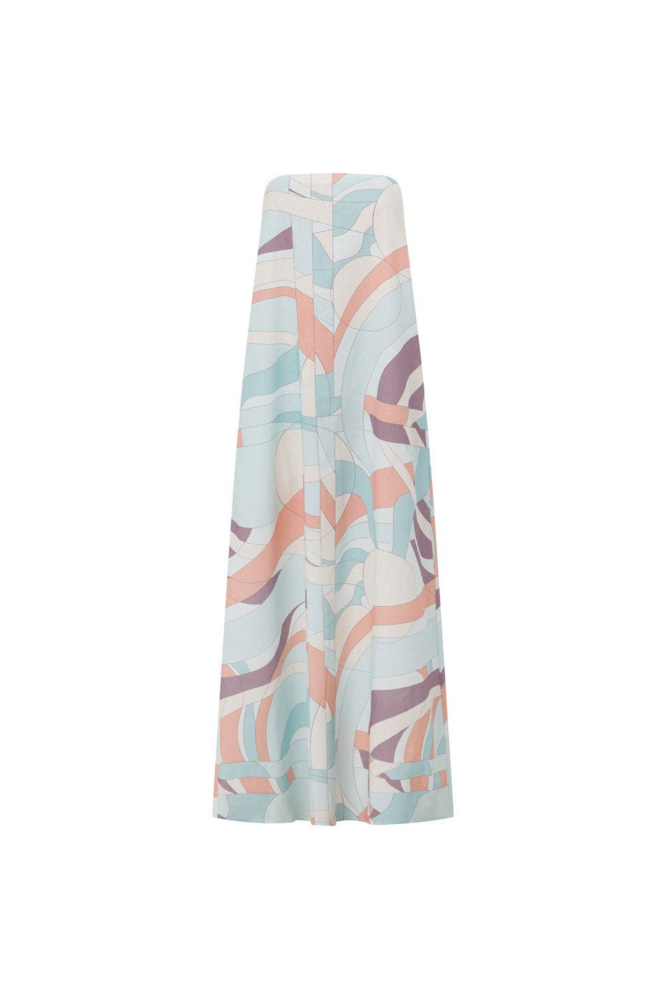 Blue maxi dress with a strapless neckline, back view