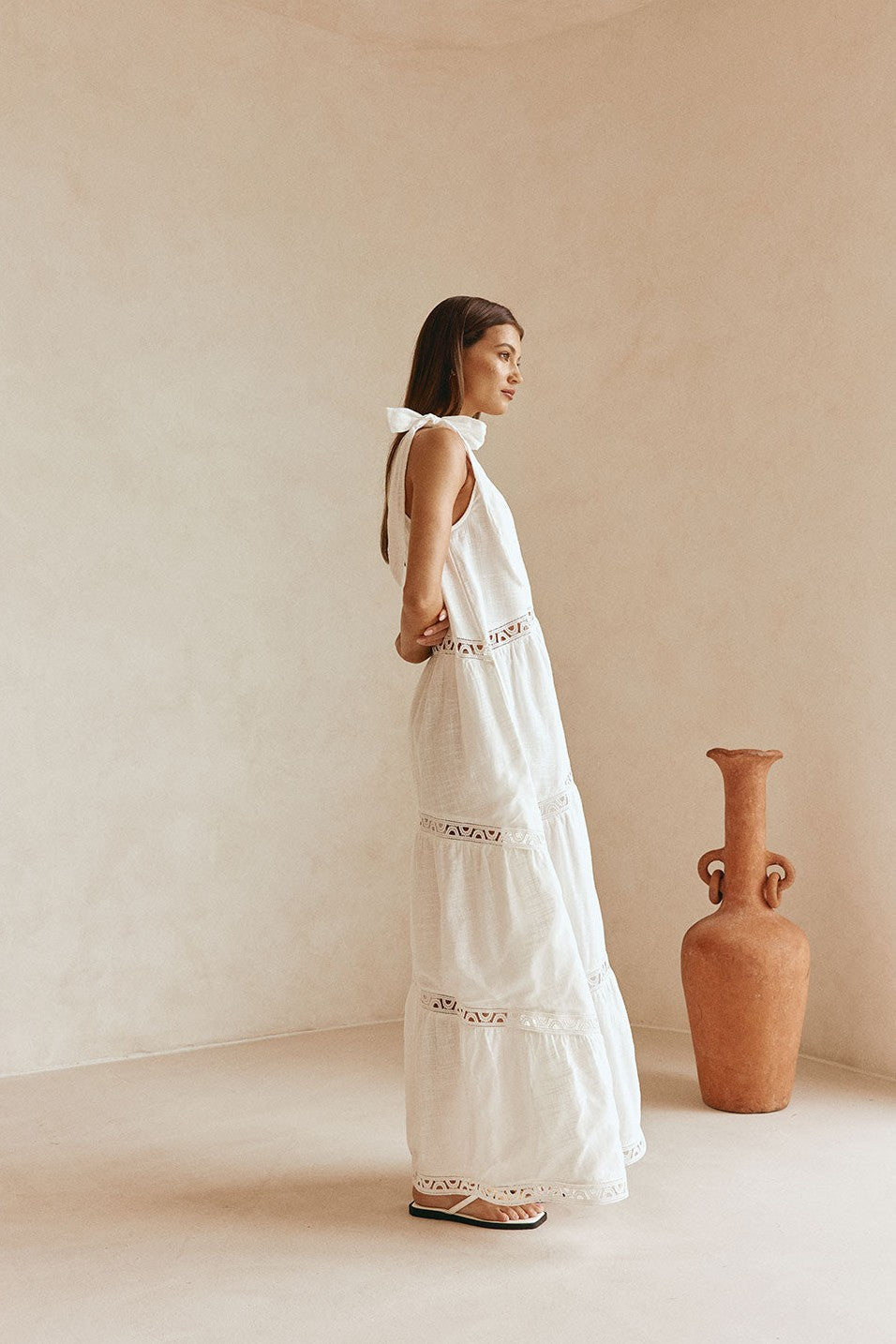 White maxi dress with lace trim, detail view