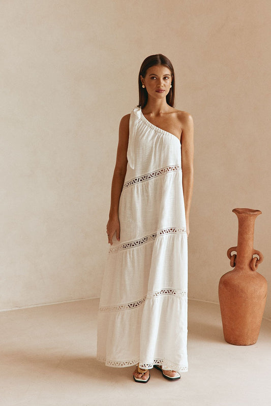 White maxi dress with lace trim, front view
