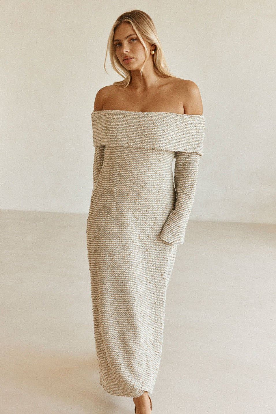 Beige maxi dress, back view