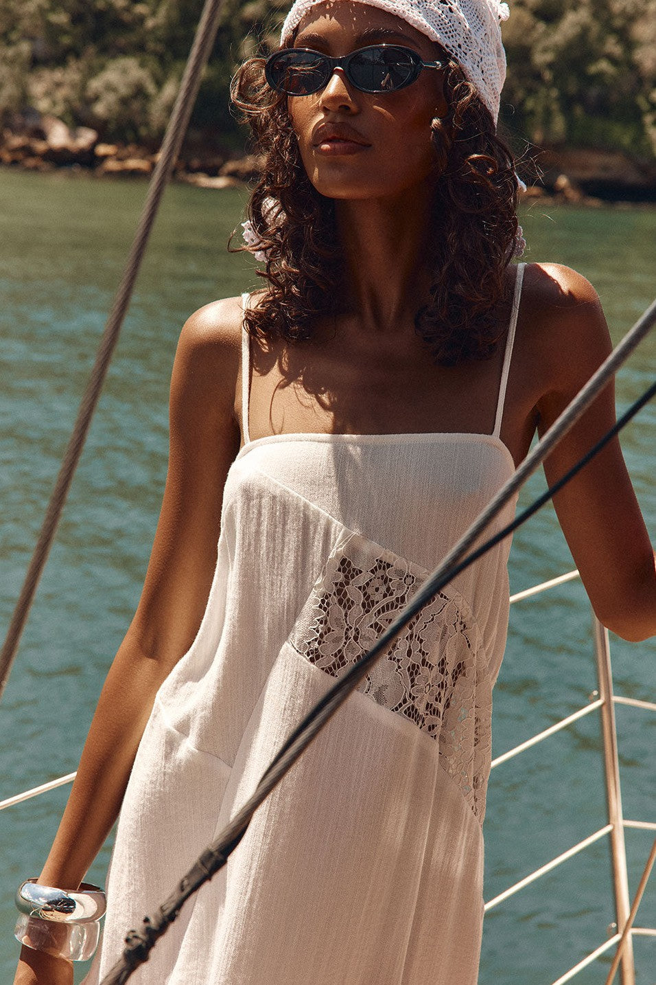 White maxi dress with lace trim, detail view