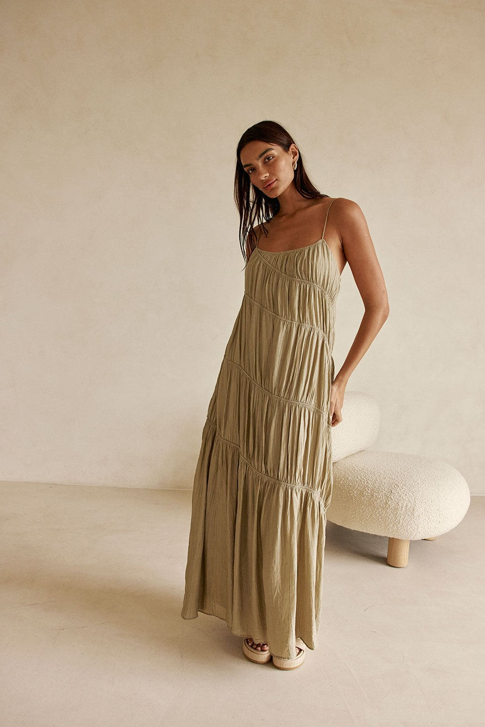 Green maxi dress with slim tie straps, front view
