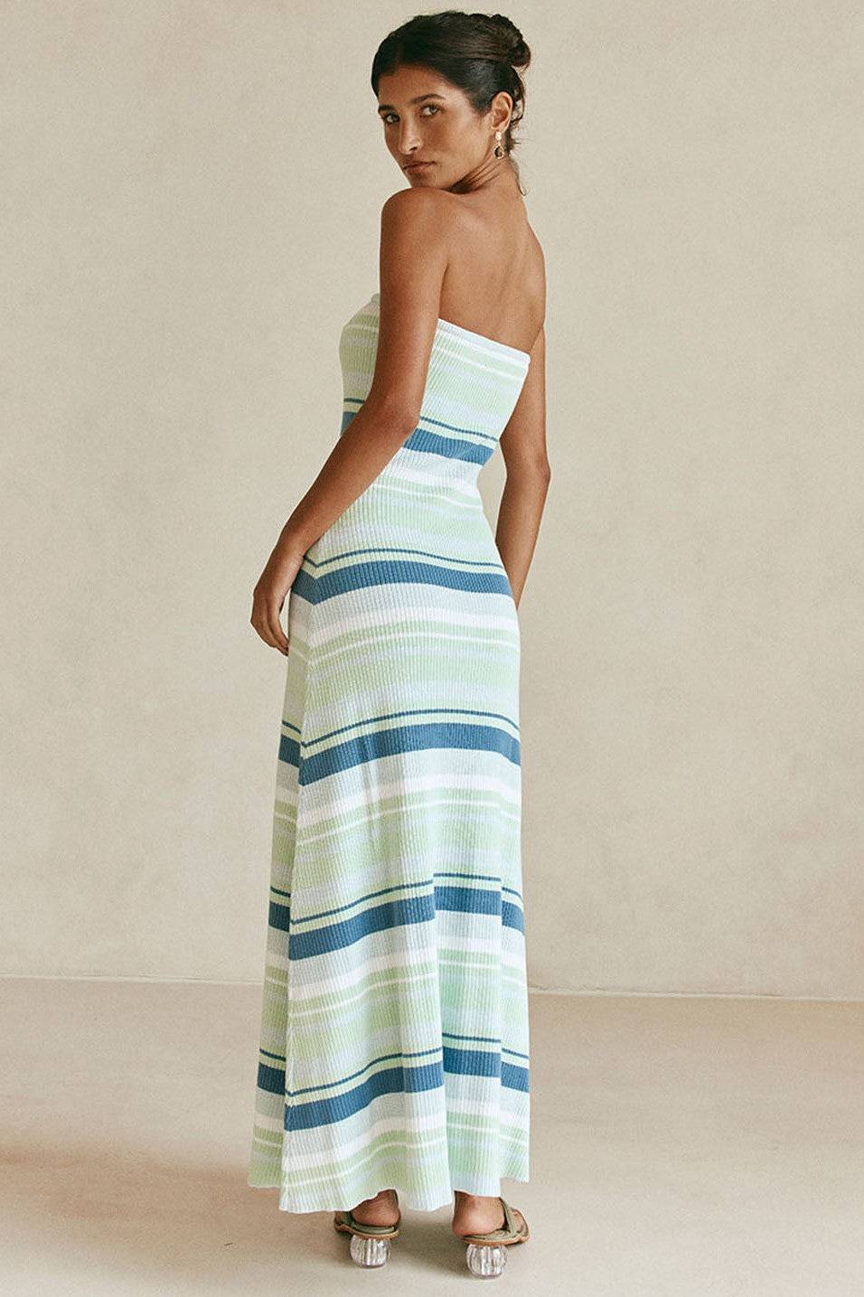 Blue maxi dress with a strapless neckline, detail view