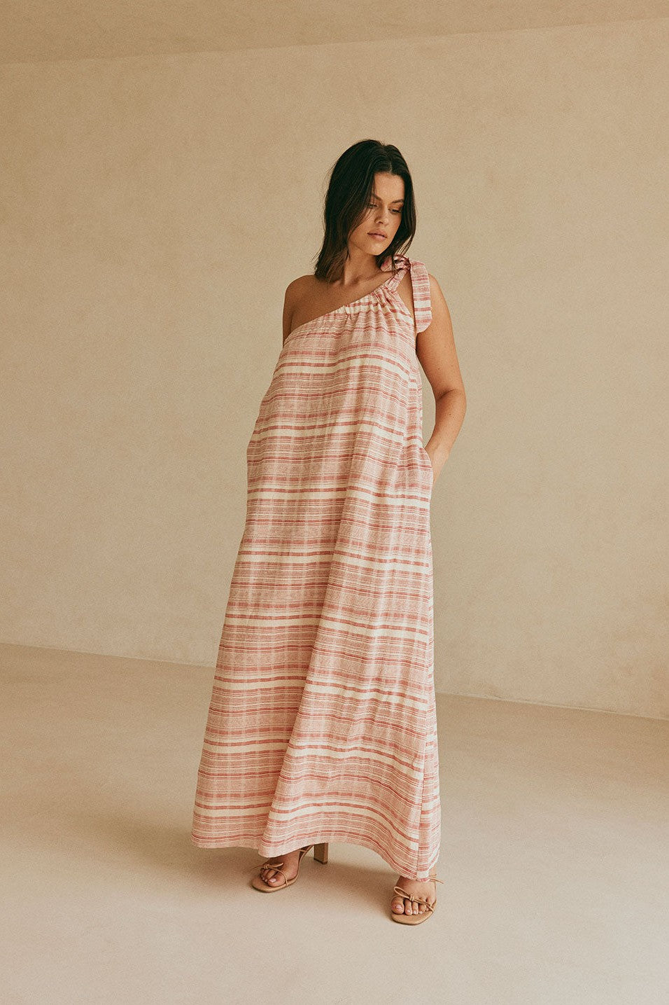 Red maxi dress, styled on model