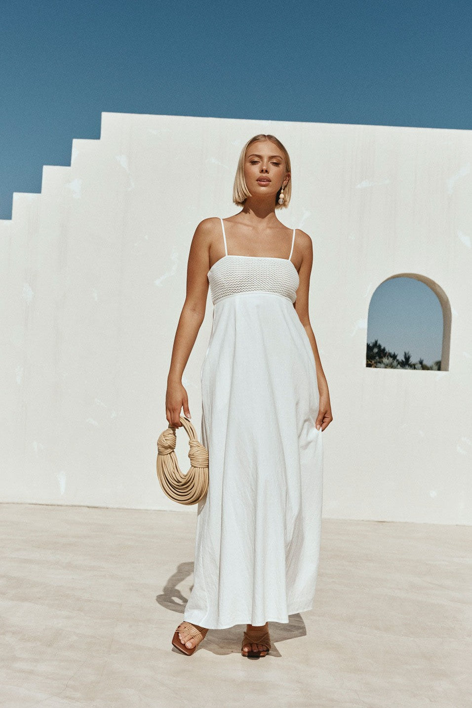 White maxi dress, front view