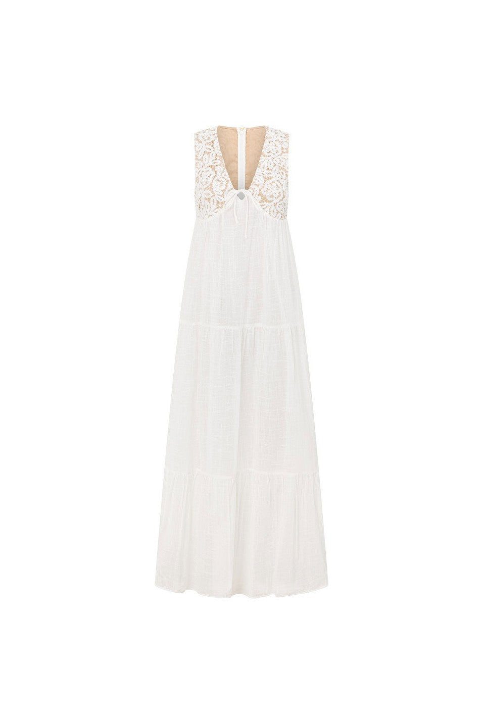 White maxi dress with a V neckline, front view