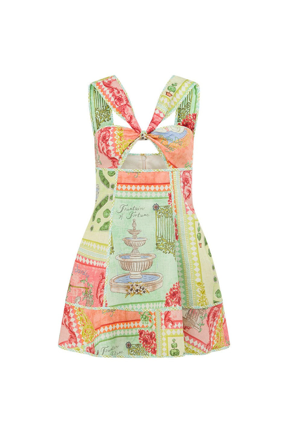 Green mini dress with an A-line skirt, side view