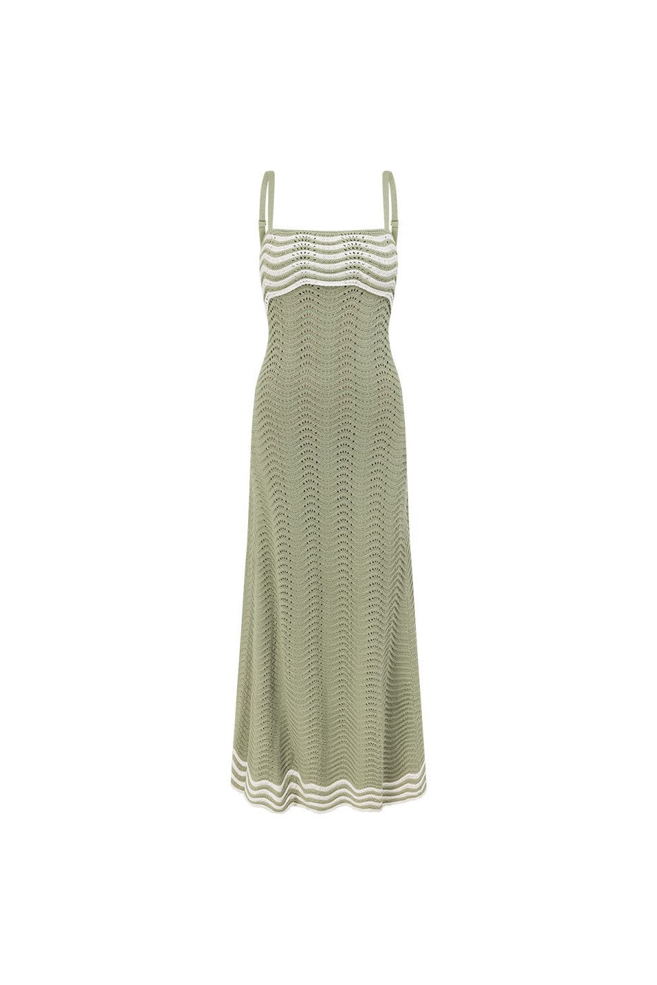 Green maxi dress with a round neckline, back view