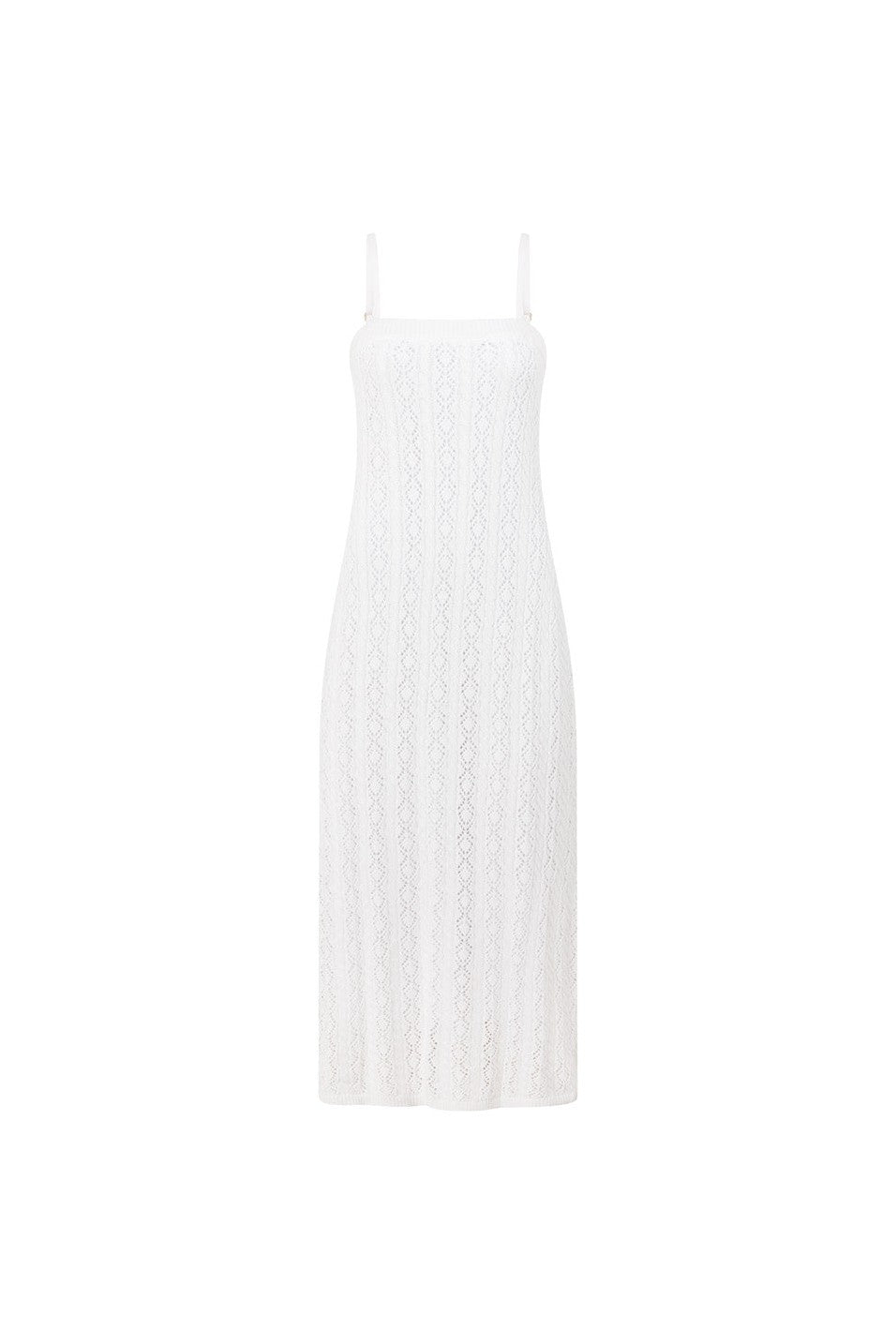 White maxi dress with a round neckline, front view