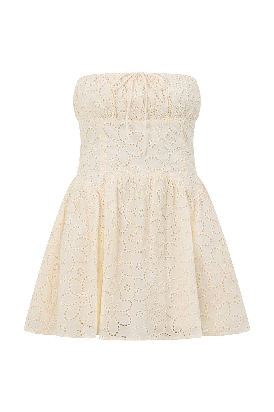 Beige mini dress with a strapless neckline, front view