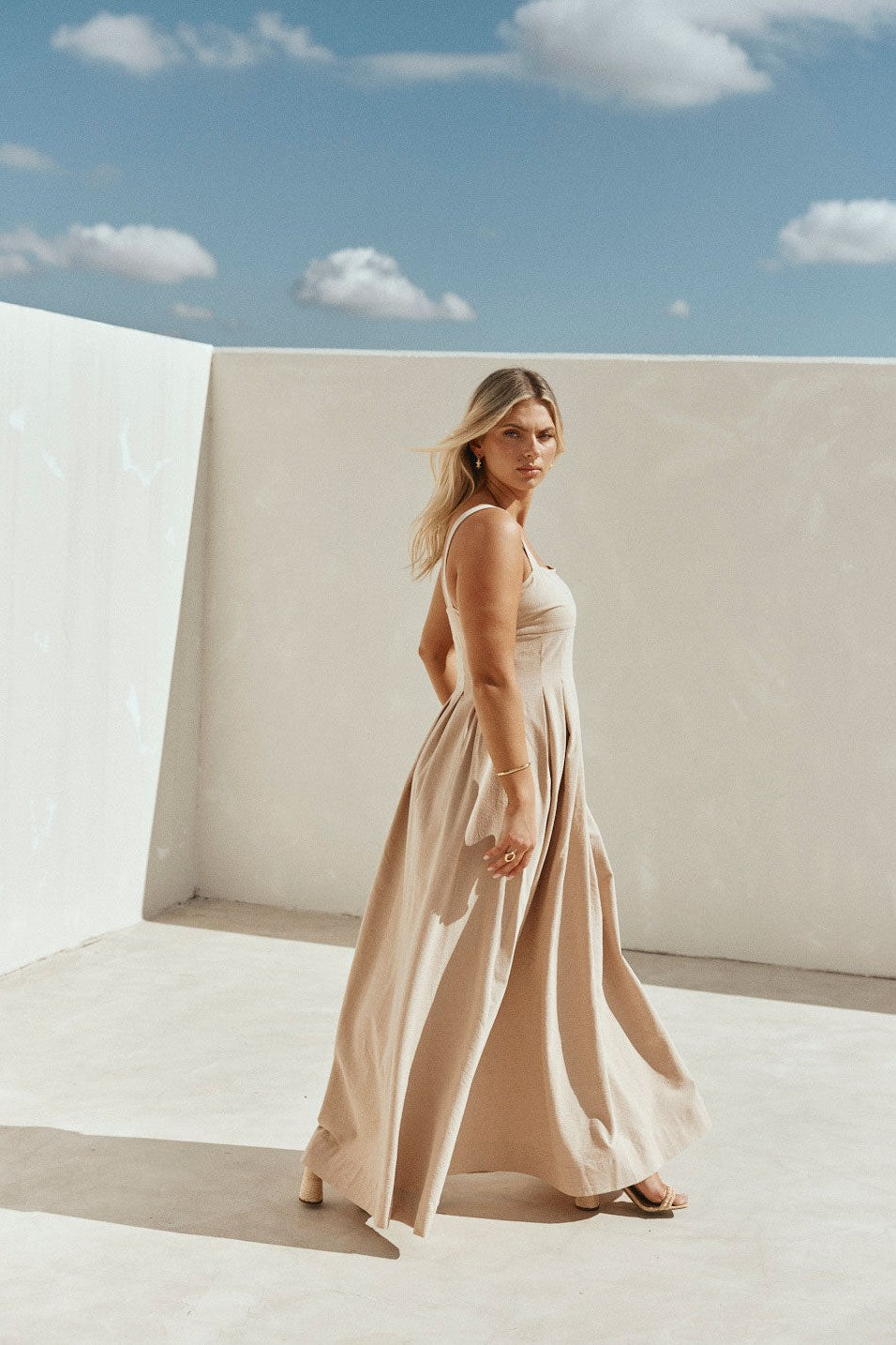 Tan maxi dress, front view