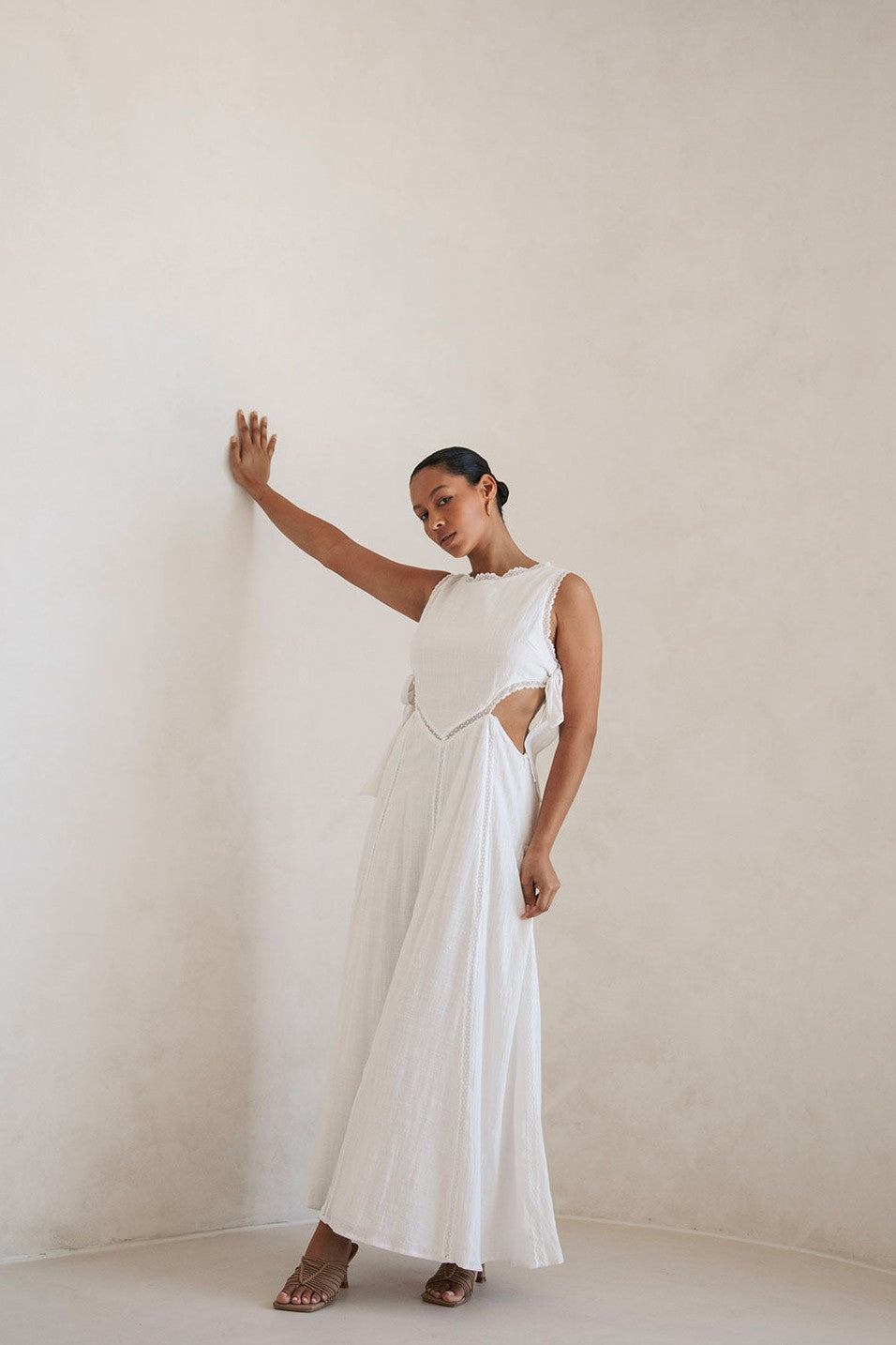 White maxi dress with an A-line skirt, front view