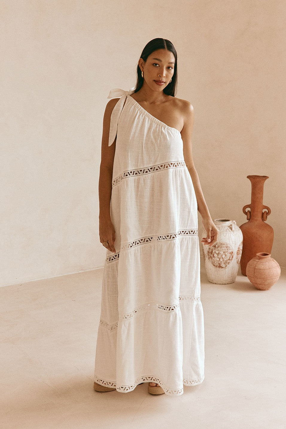 White maxi dress with lace trim, back view