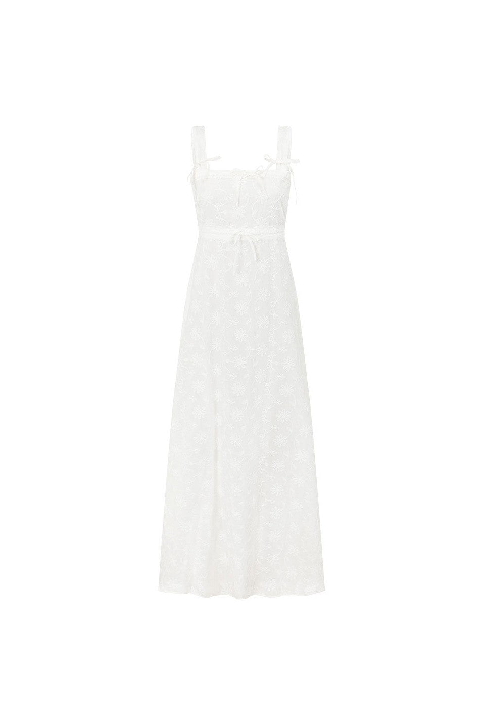 White maxi dress with an A-line skirt, back view