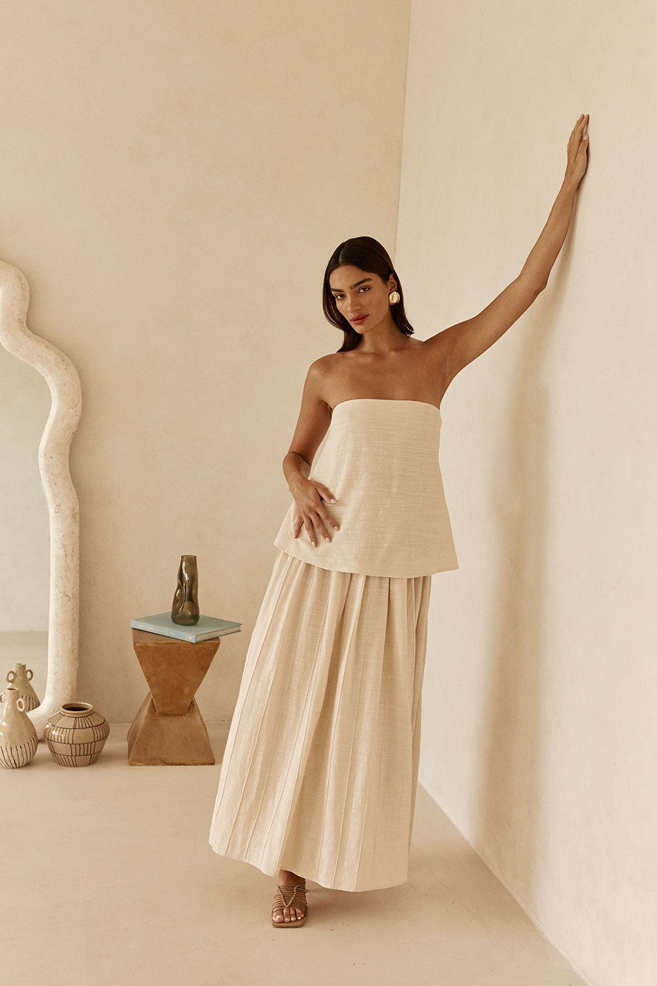 Beige maxi dress with a strapless neckline, front view