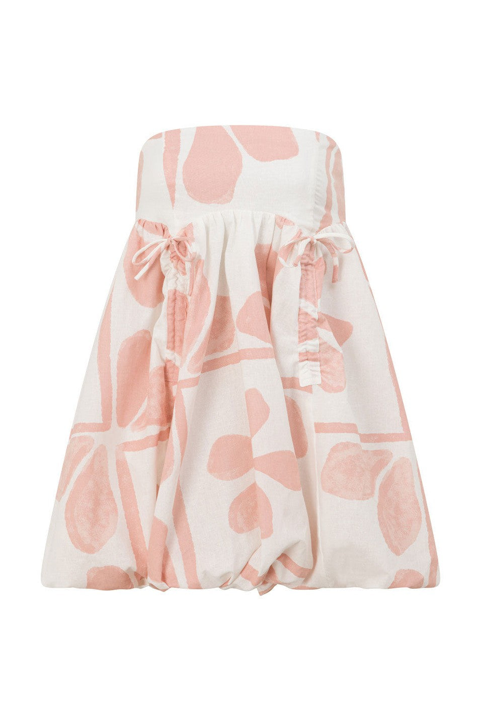Pink mini dress with a strapless neckline, side view